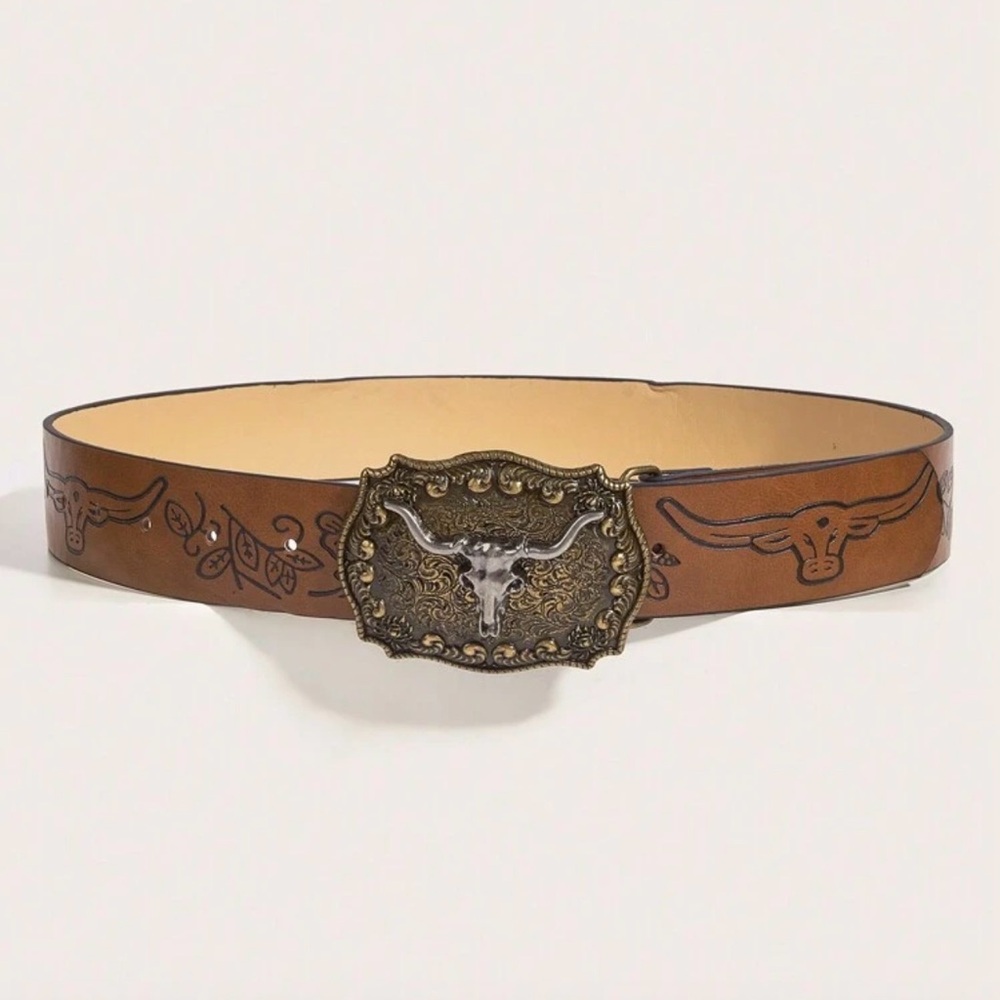 Brown Western Belt with Ornate Buckle - Picture 2 of 4